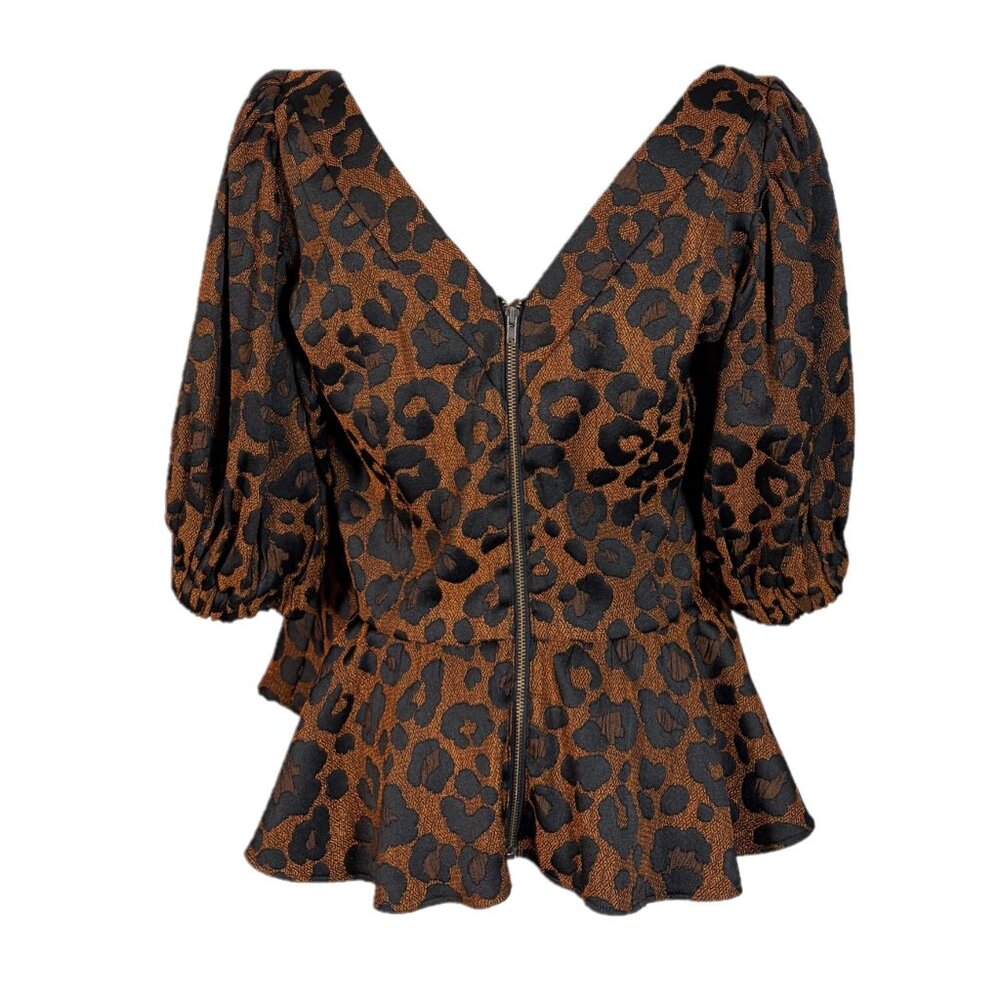 Autumn Adeigbo Cheetah Josephine Peplum Top Size 12 - Picture 3 of 5
